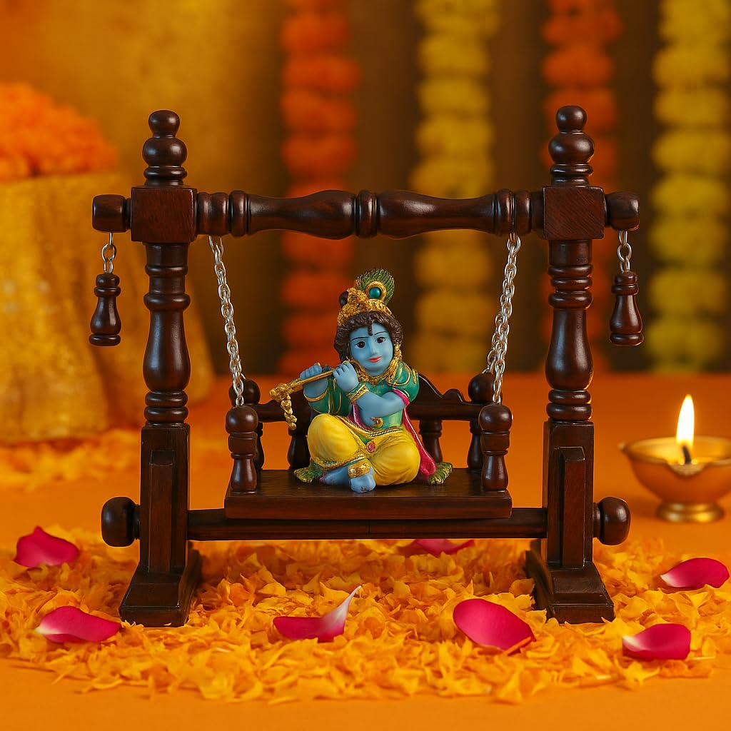 Soulveda Kraftz Handcrafted White Teakwood Jhoola/Jhula for Krishna Janmashtami/Bal Gopal/Ladoo Gopal/Kaanha/Hindola Celebration